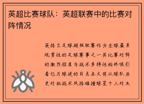 英超比赛球队：英超联赛中的比赛对阵情况